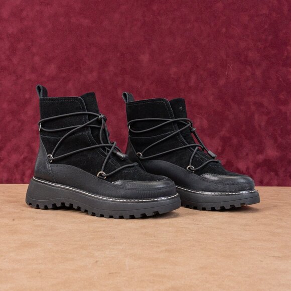 Lucky Brand Women Caelia Black Leather Drawcord Lace Winter Platform Boots sz 6 - Picture 1 of 8